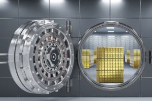 A bank vault opened with gold bars inside