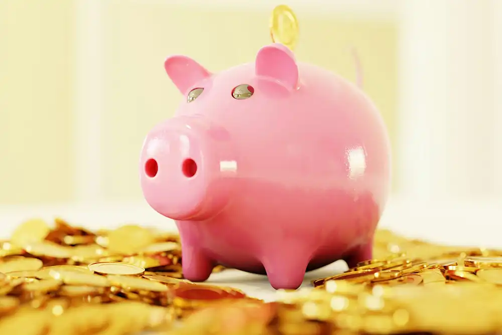 A pink piggy bank stands among golden coins