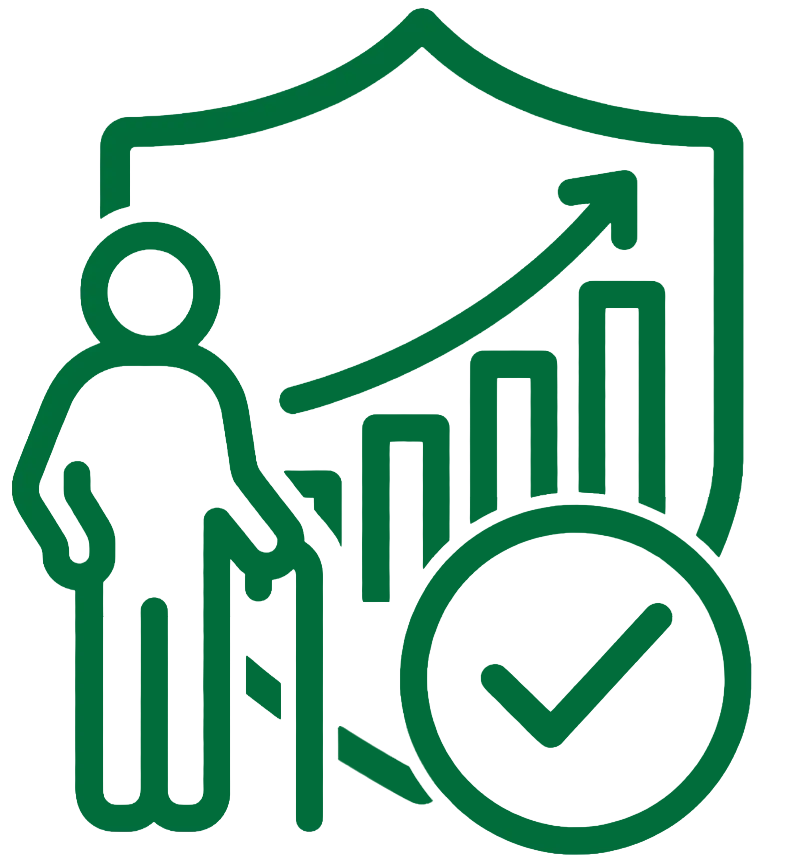 illustration of a shield with an upward graph and an elderly man holding a cane