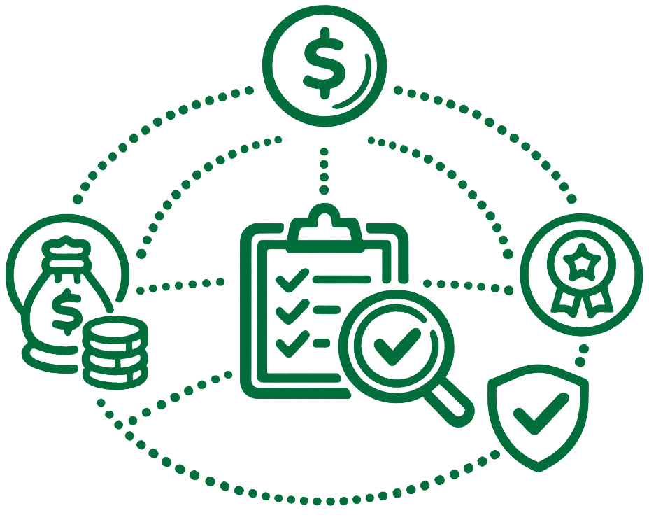 illustration of a clipboard with all items checked with a bag of money and a verification ribbon