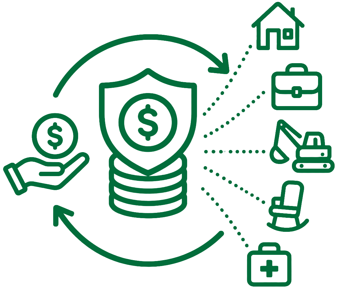 illustration of a hand holding money and revolving arrows going around different assets