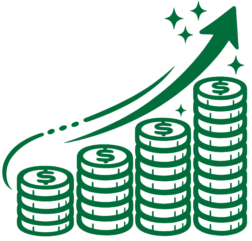 illustration of growing stacks of coins with an upward arrow