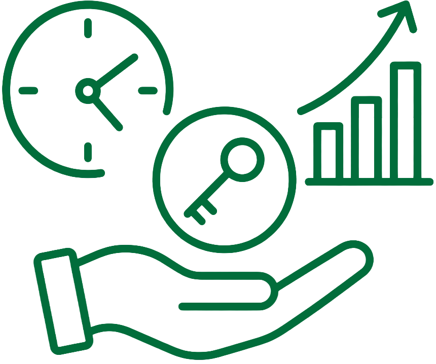 illustration of a hand holding a key, clock, and a upward graph