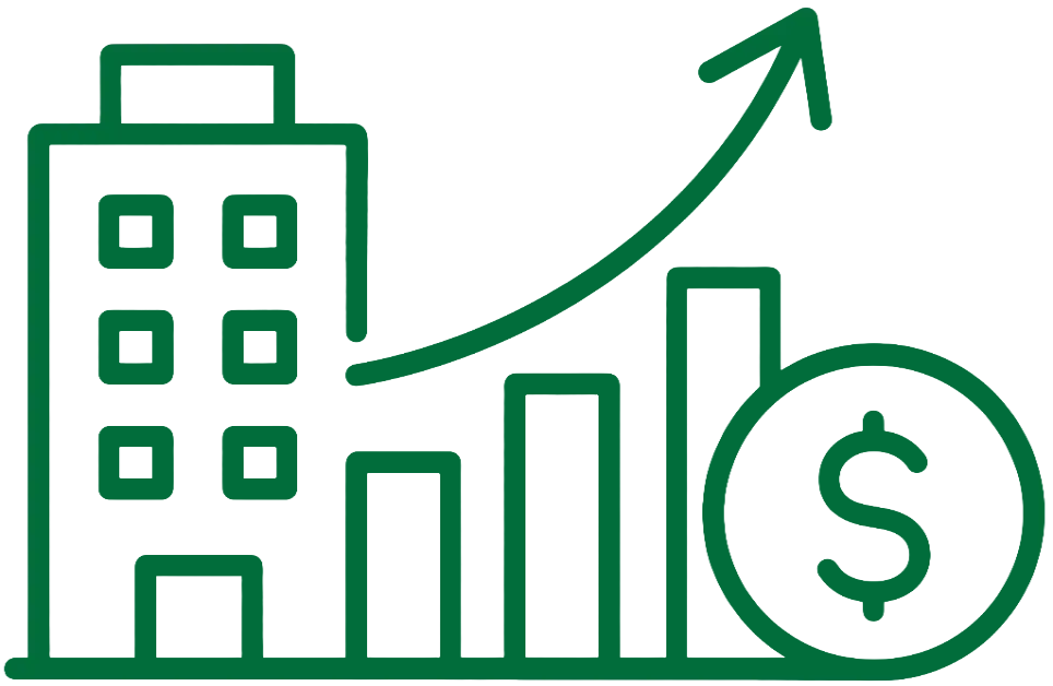 illustration of a building with a upward moving graph