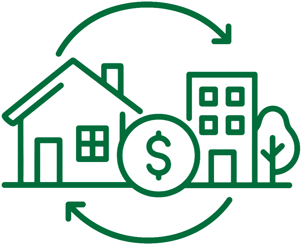 illustration of a home and commercial building with money in the middle or revolving arrows