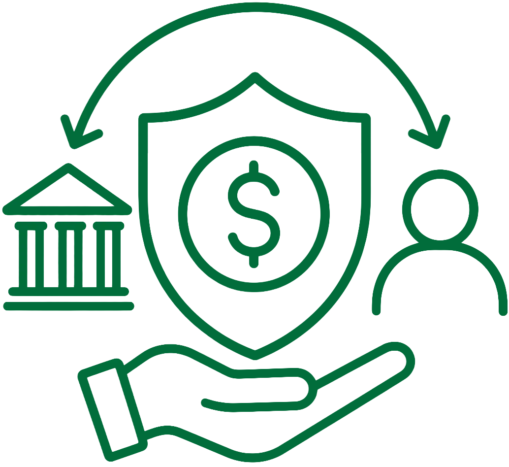 illustration of a hand holding a financial building, shield, and a person