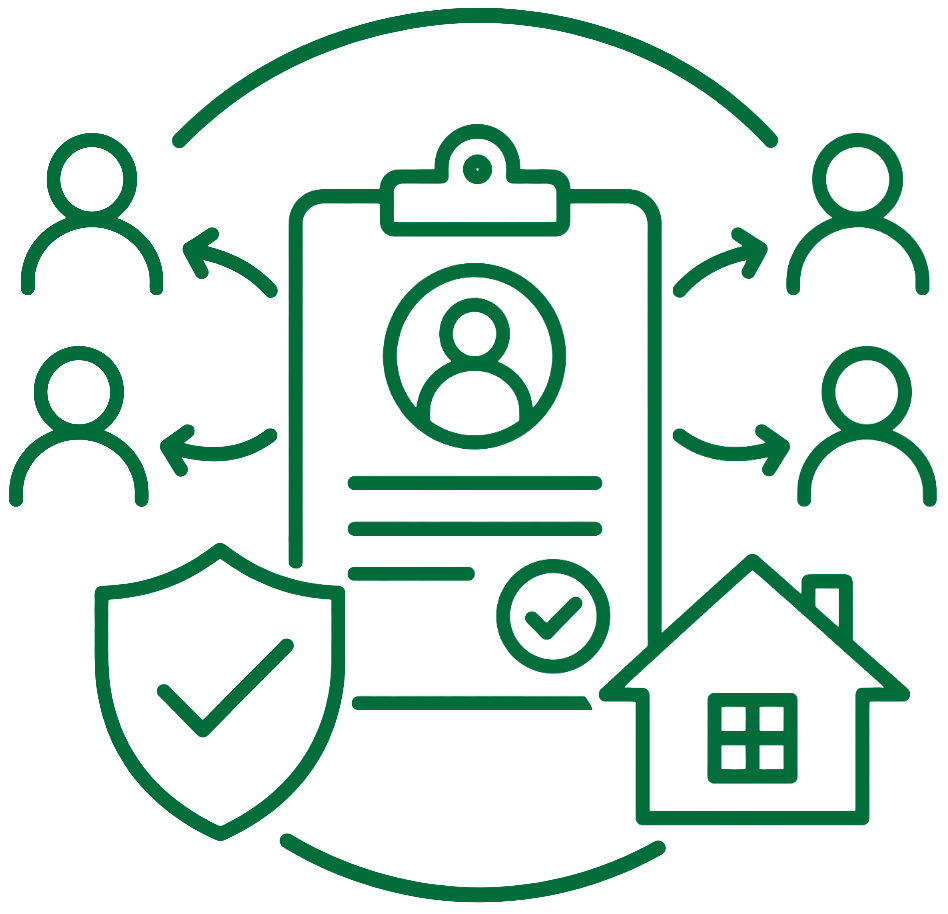 illustration of a clipboard with a circle connecting multiple people, a shield and house