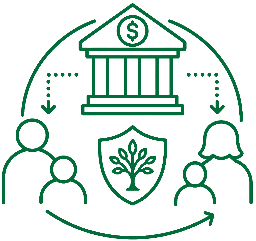 illustration of the backside of family looking at a financial building