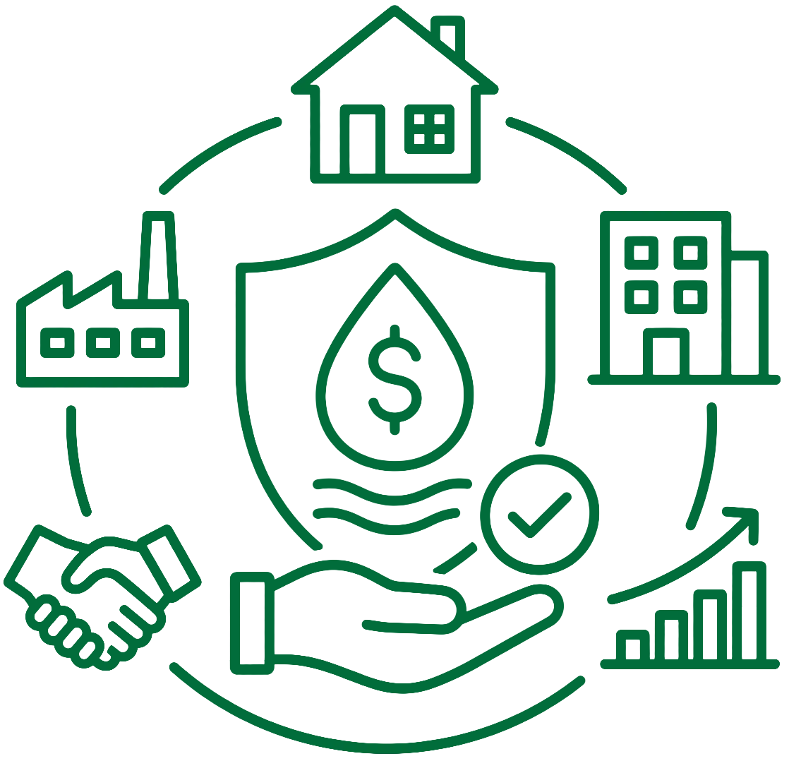 illustration of a hand holding a shield with money and property going around it