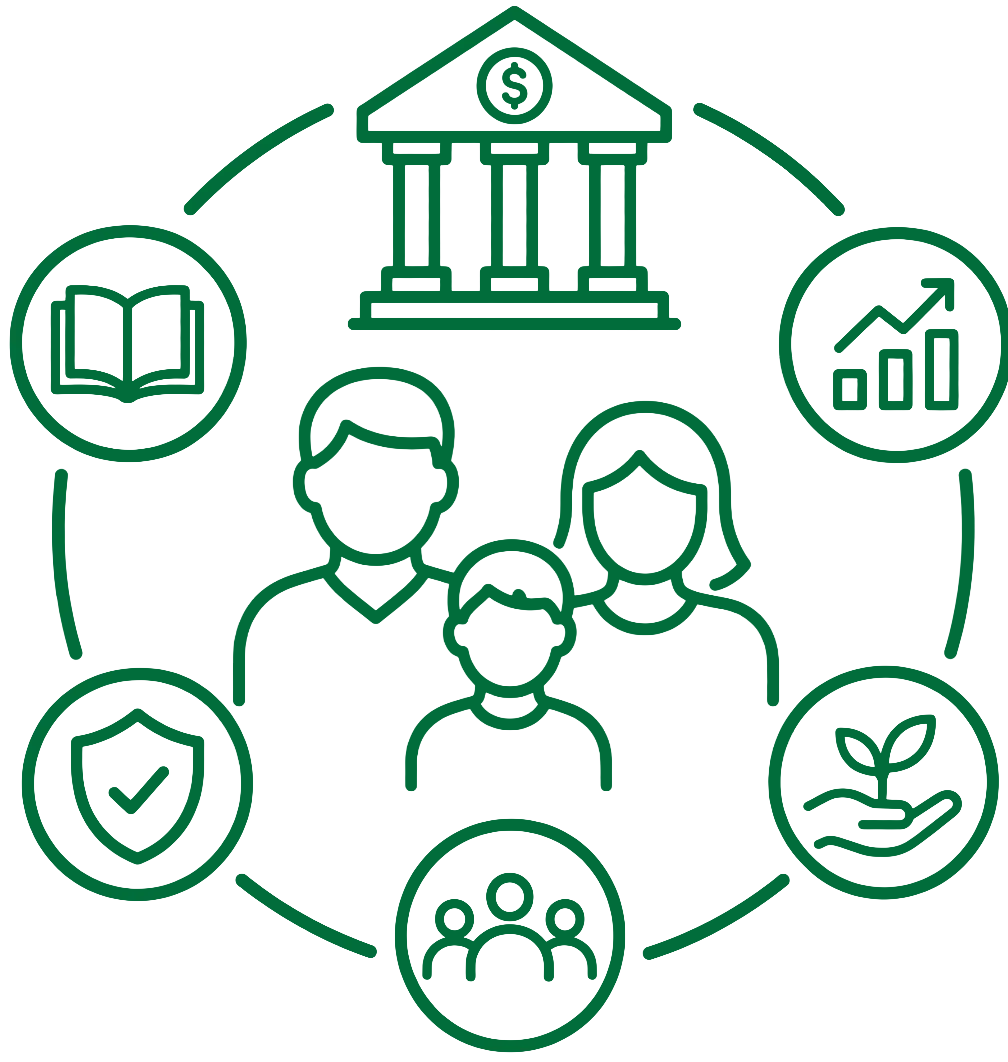 illustration of a family in the middle of a circle connecting books, graphs, shield, and a plant