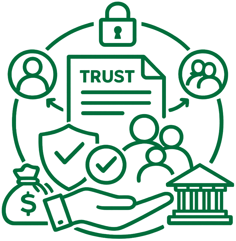 illustration of a hand holding a trust document, lock, family members, and money