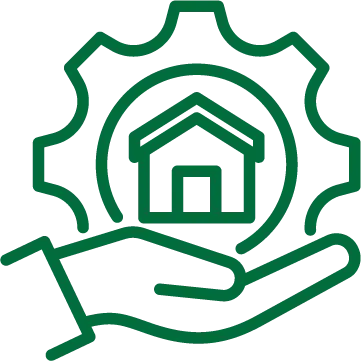 illustration of a hand holding a gear with a house in the mmiddle